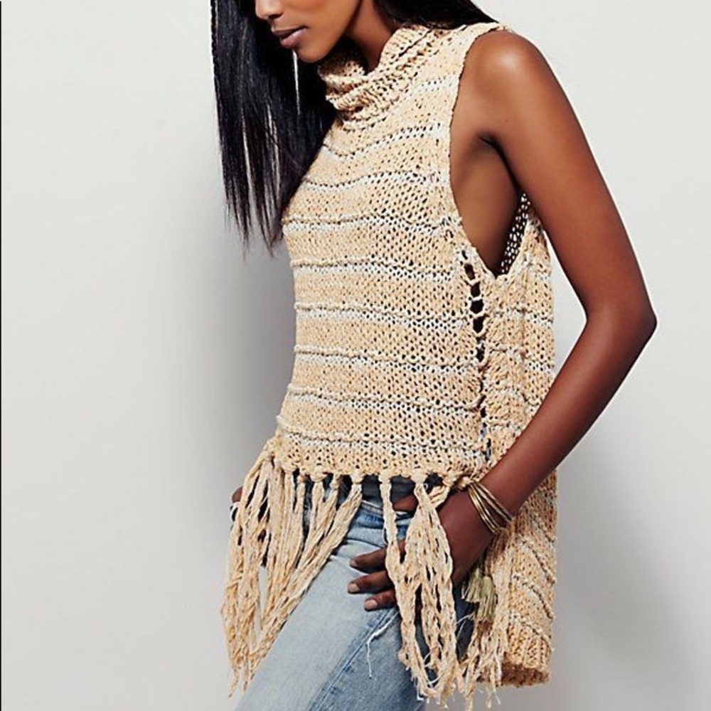 Free People Folksong Fringe Vest Knit Sweater